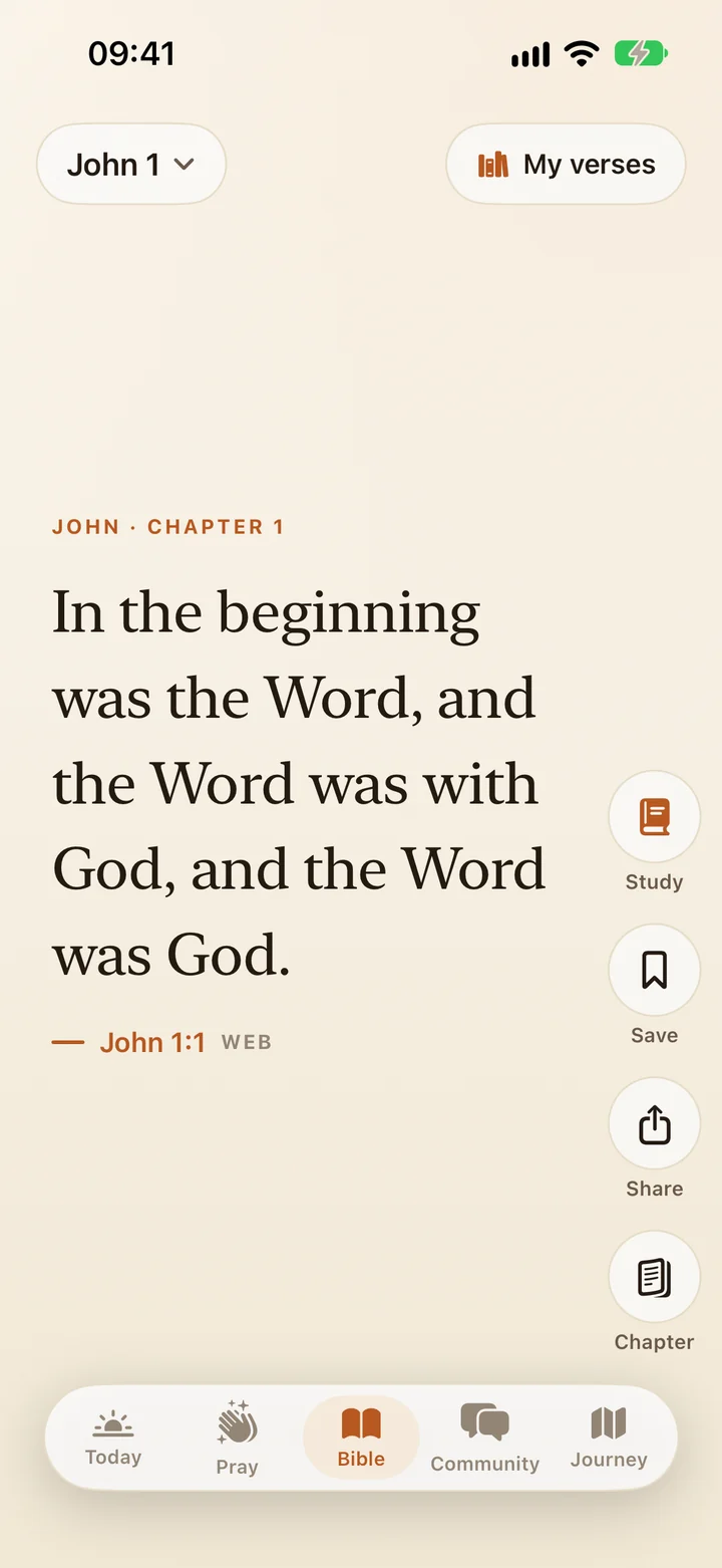 John 1:1 in the Bible feed, with Study, Save, Share and Chapter buttons