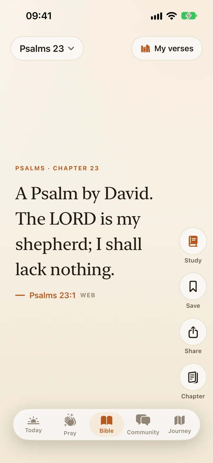 PrayLock's Bible feed showing Psalm 23:1, one verse per screen