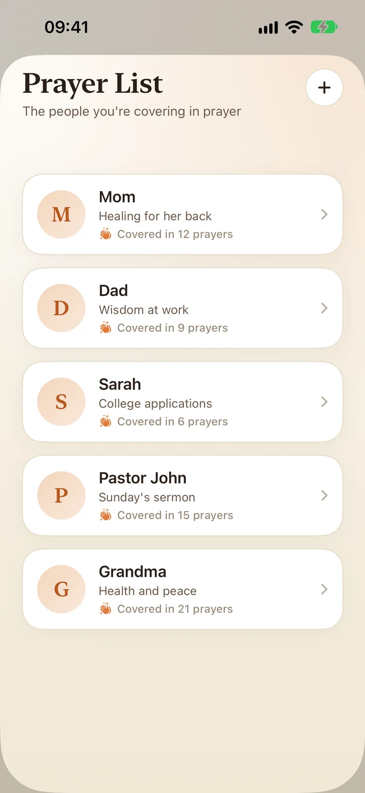Prayer list with Mom, Dad, Sarah, Pastor John and Grandma