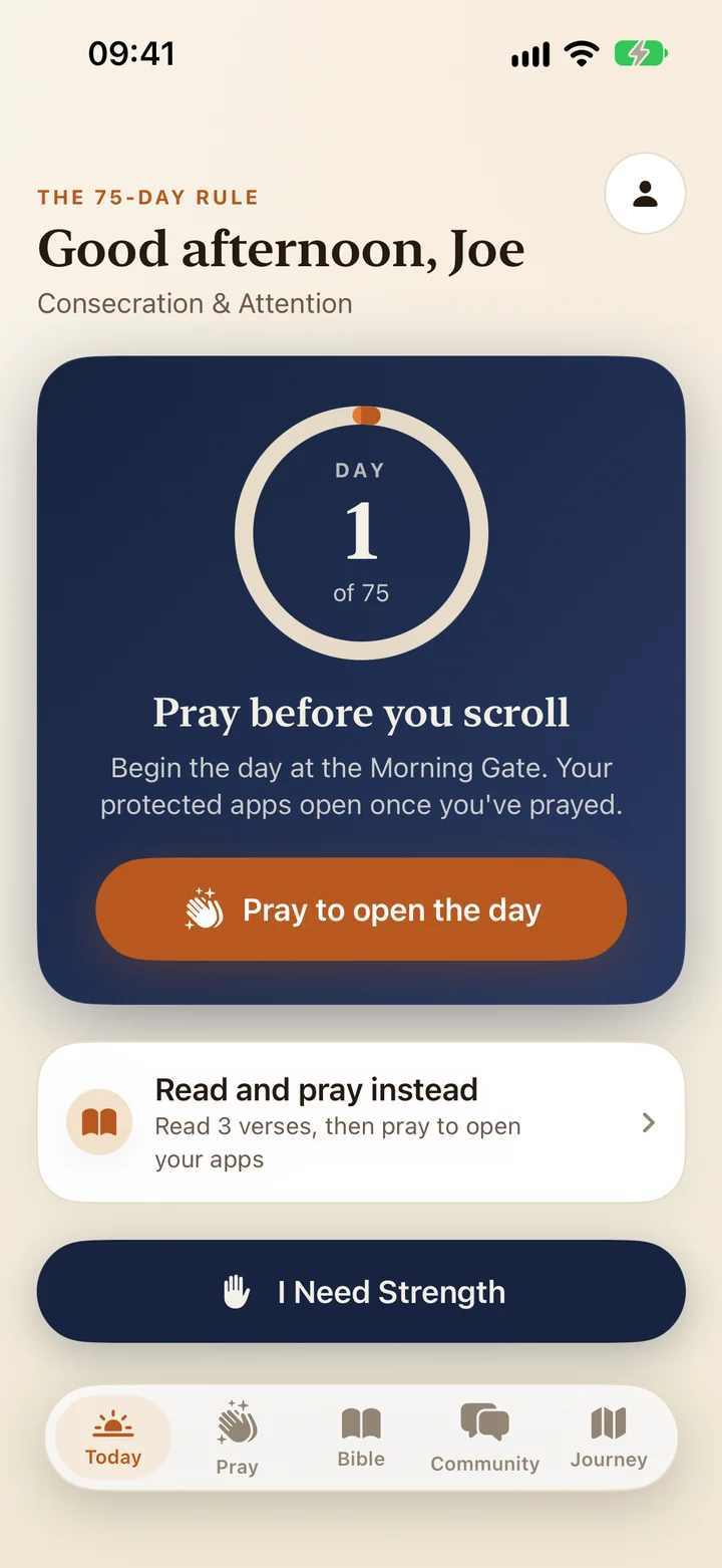 PrayLock's Today screen: day 1 of 75 with a Pray to open the day button